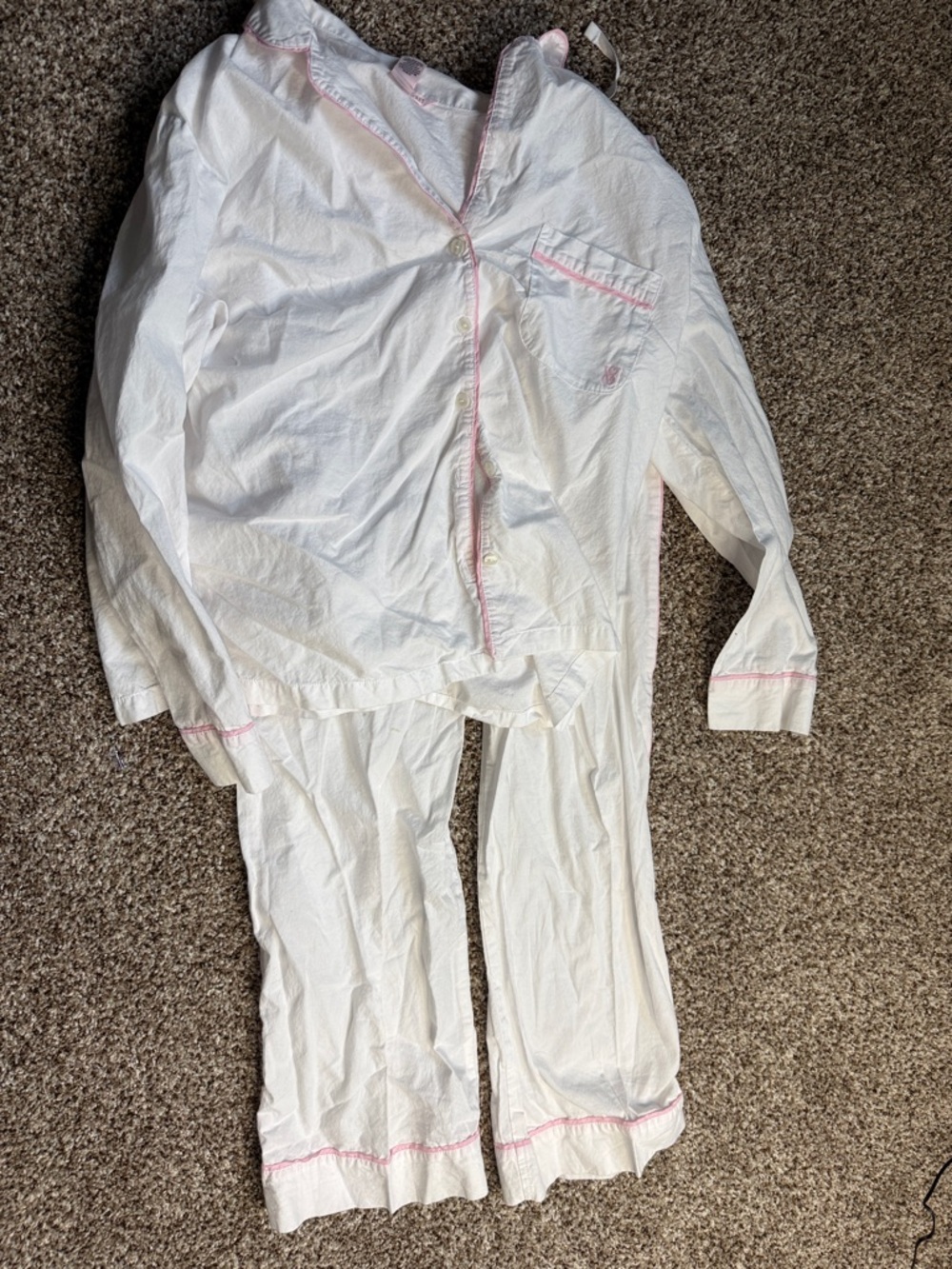 Victoria's Secret White Cotton Pajama Set with Pink Trim
